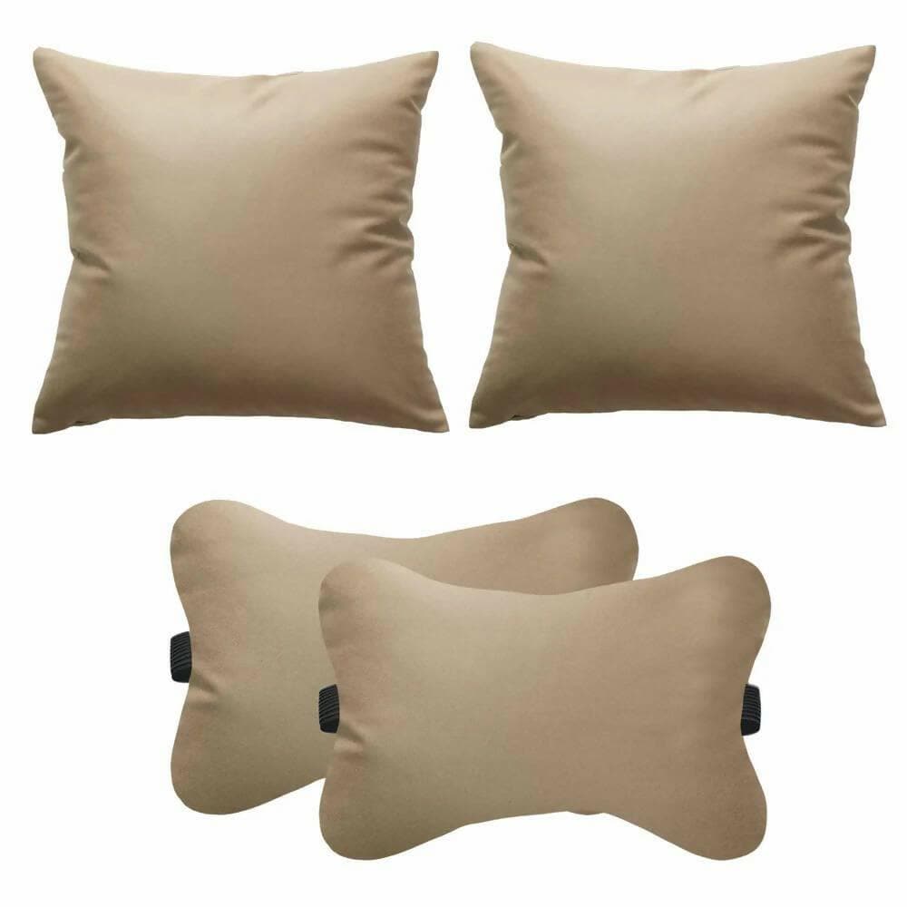 Lushomes Car Pillows for Neck, Back and Seat Rest, Pack of 4, Cream PU Faux Leather, Car Bed for Back Seat, Car Accessories (2 Bone Pillow Size: 6x10 Inch + 2 Car Cushions Size 12x12 Inch, Pk of 4) - HalfPe