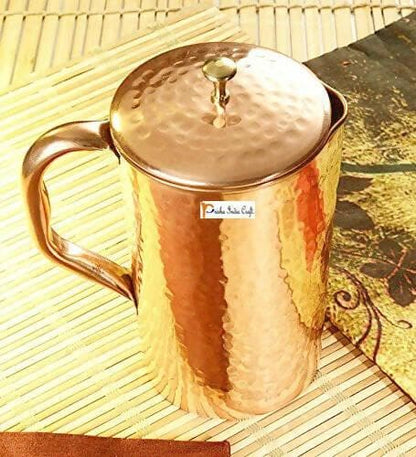 Prisha India Craft Hammered Design Pure Copper Water Jug Pitcher, 1200 ML (Brown) - HalfPe