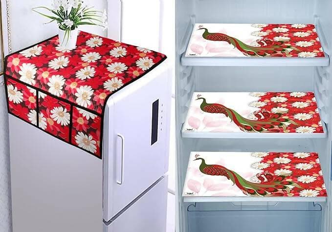 WISHLAND Single Door Fridge Cover Combo Set of 1 Fridge Cover and 3 Multipurpose Fridge Mats - HalfPe