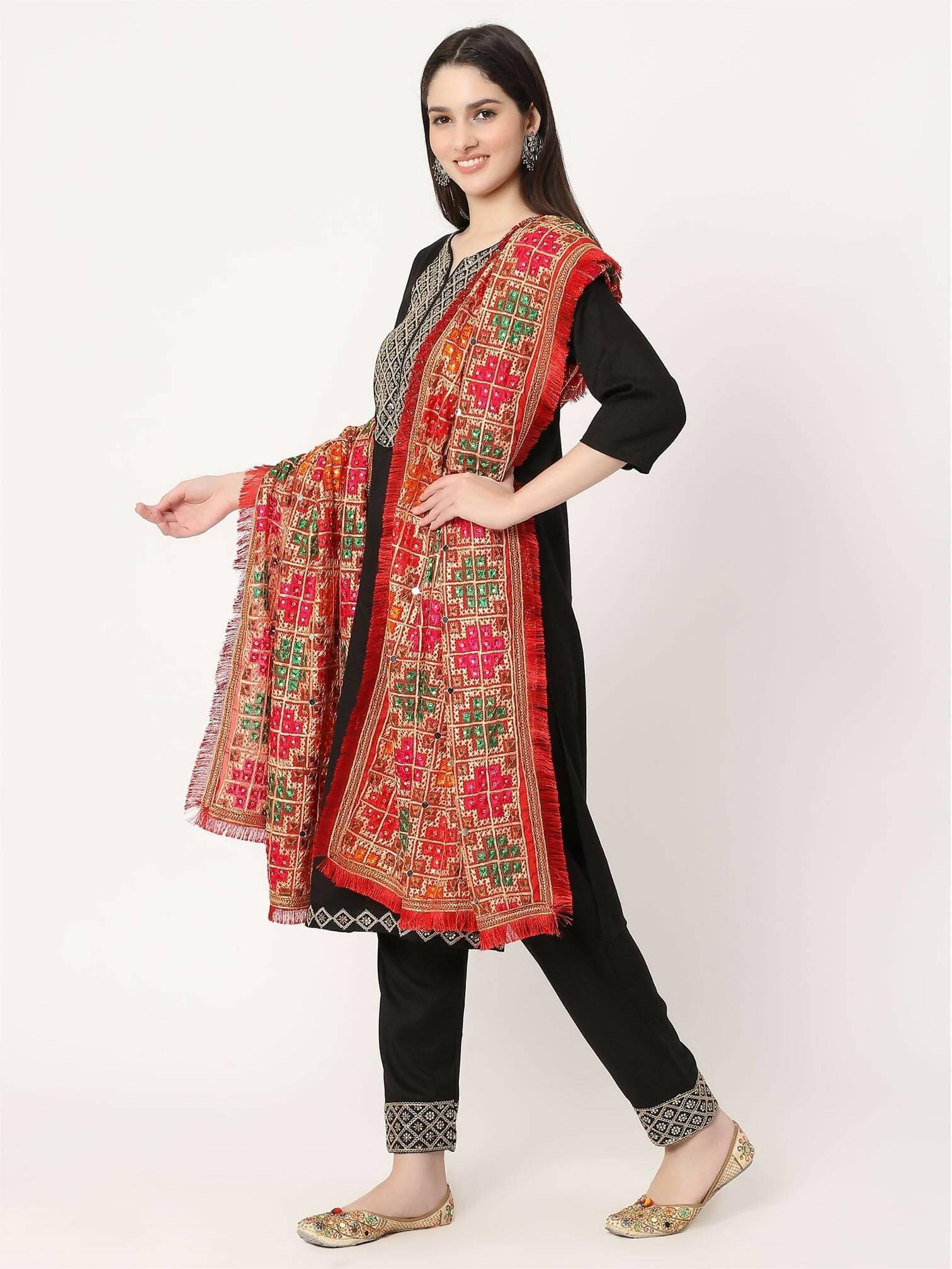 Maroon Multicolour Embroidery Phulkari Dupatta with Mirror Work - HalfPe