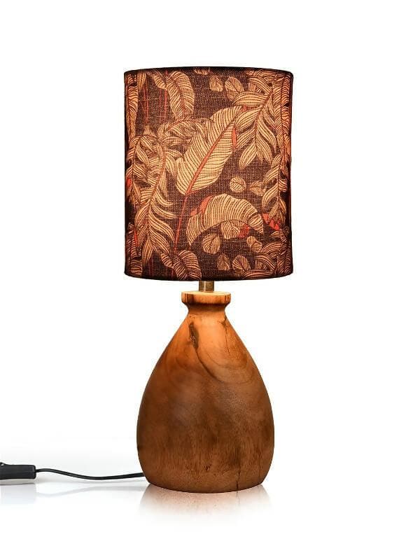 Wooden Dome Table Lamp With Blue Leaves Shade - HalfPe