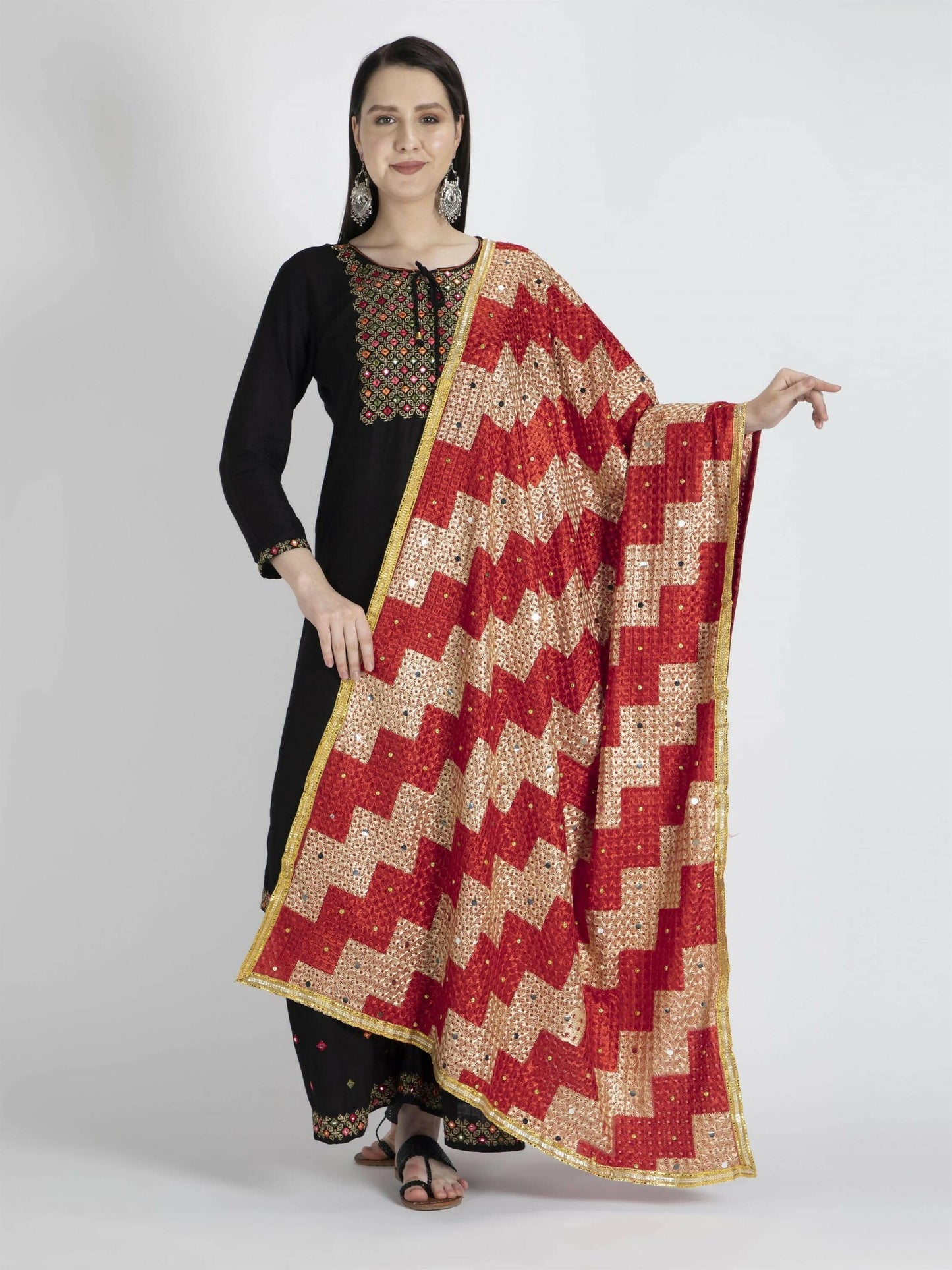 Phulkari Dupatta with Mirror Work (Multicolour) - HalfPe