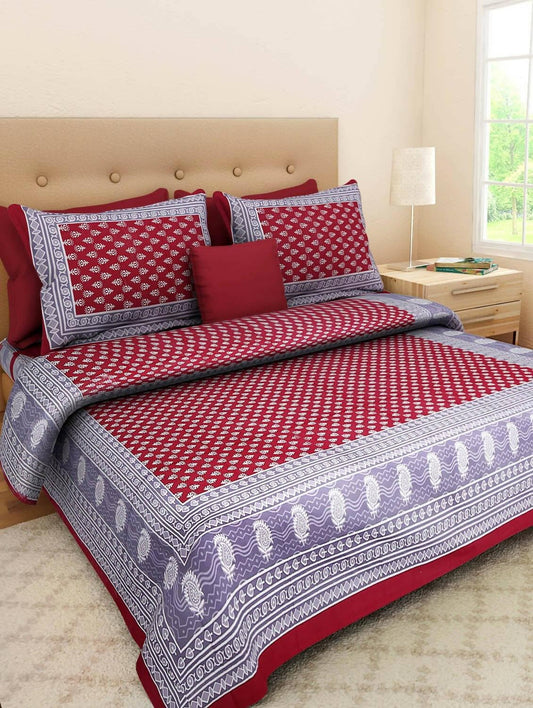 Maroon Color Rajasthani Traditional Printed 120 TC 100% Cotton Double Bedsheet with 2 Pillow Cover - HalfPe