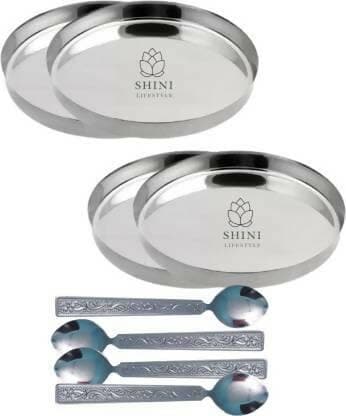 SHINI LIFESTYLE Steel Lunch/ Bhojan thali Dinner Plate With Spoons (Pack of 8) - HalfPe