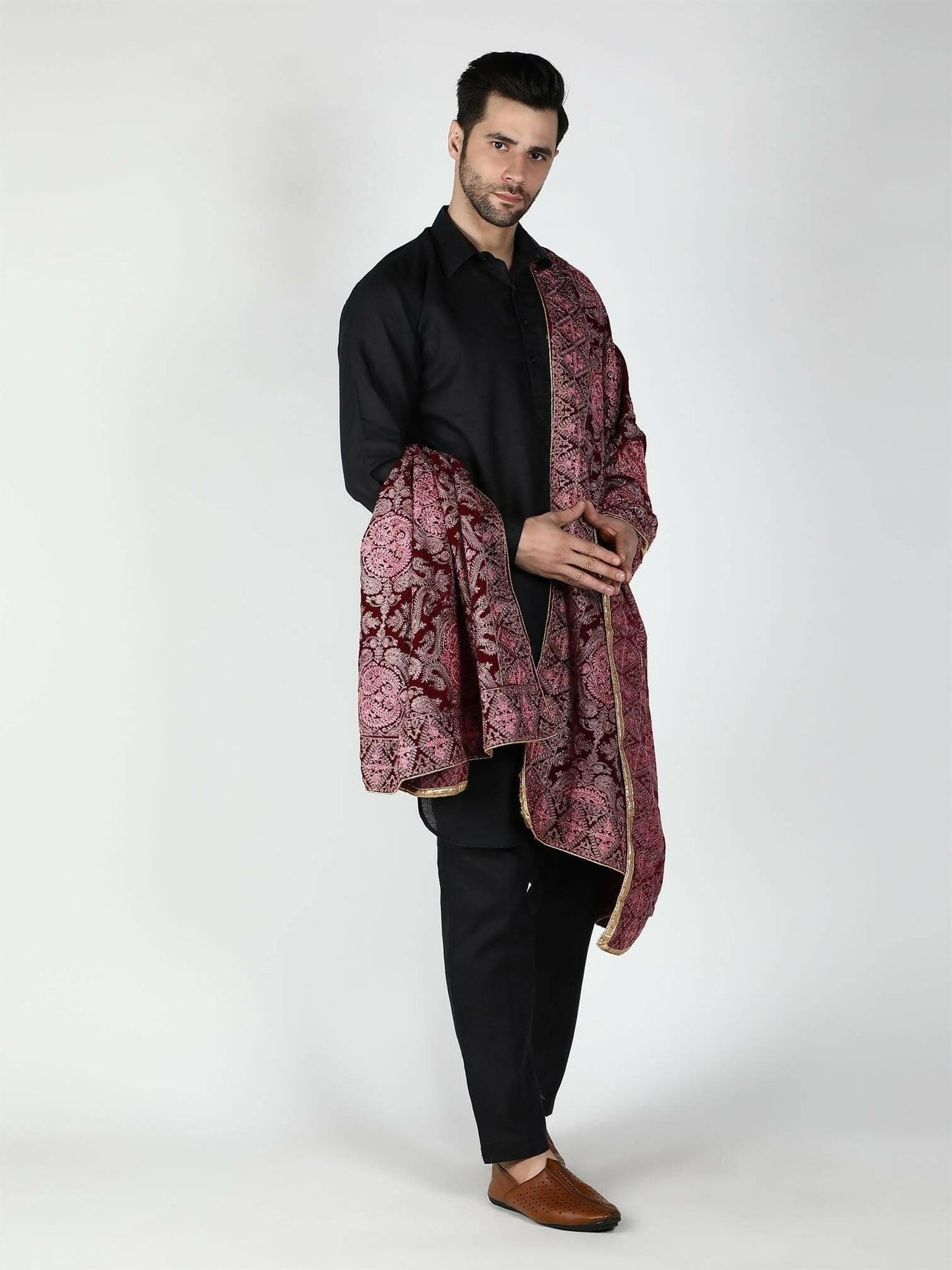 Moda Chales Velvet Dupatta Shawl (Maroon Pink Rust) - HalfPe