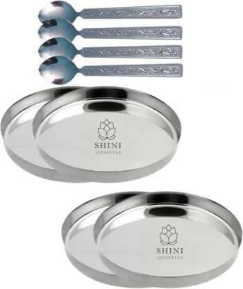 SHINI LIFESTYLE Steel Lunch/ Bhojan thali Dinner Plate With Spoons (Pack of 8) - HalfPe