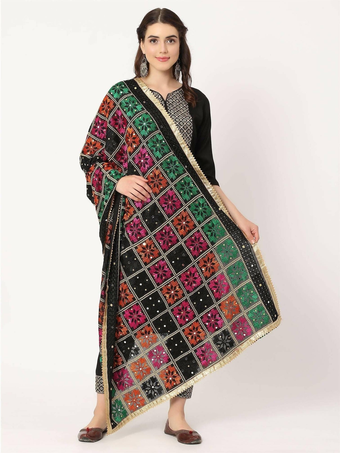 Black Multicolour Embroidery Phulkari Dupatta With Mirror Work - HalfPe