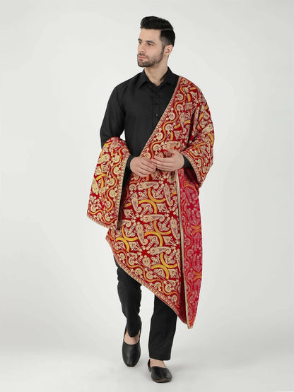 Red and Mustard Paisley Patterned Embroidered Velvet Shawl - HalfPe