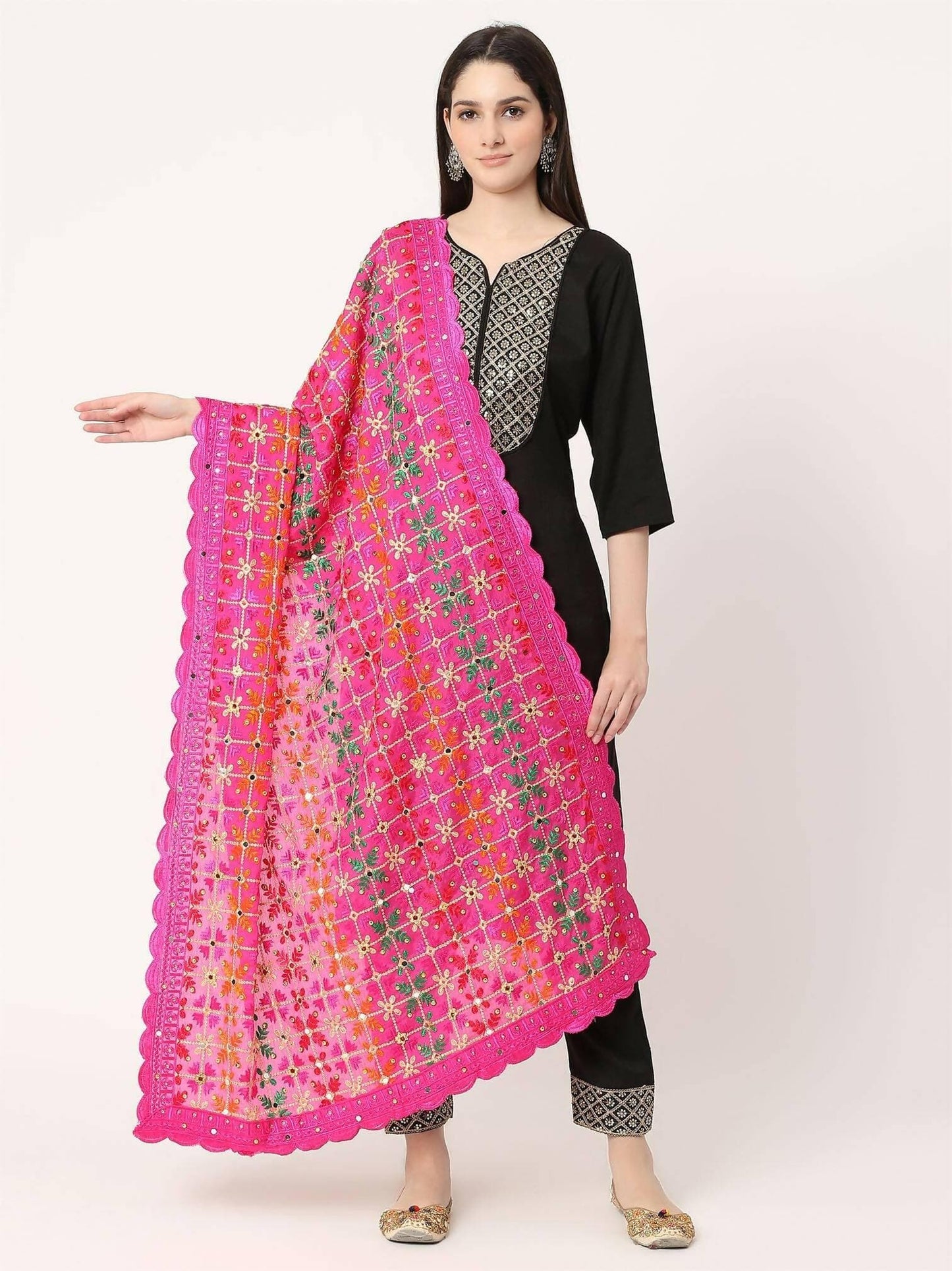 Magenta Multicolour Floral Design Embroidery Phulkari Dupatta with Mirror - HalfPe