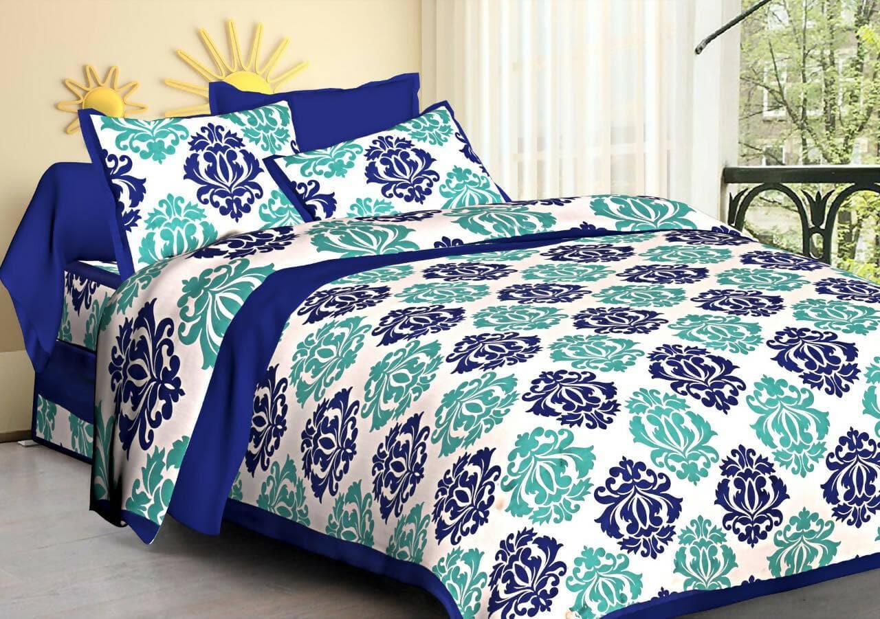 Jaipuri traditional Printed Design queen size cotton bedsheet with two pillow cover (Sky Blue & Dark Blue) - HalfPe