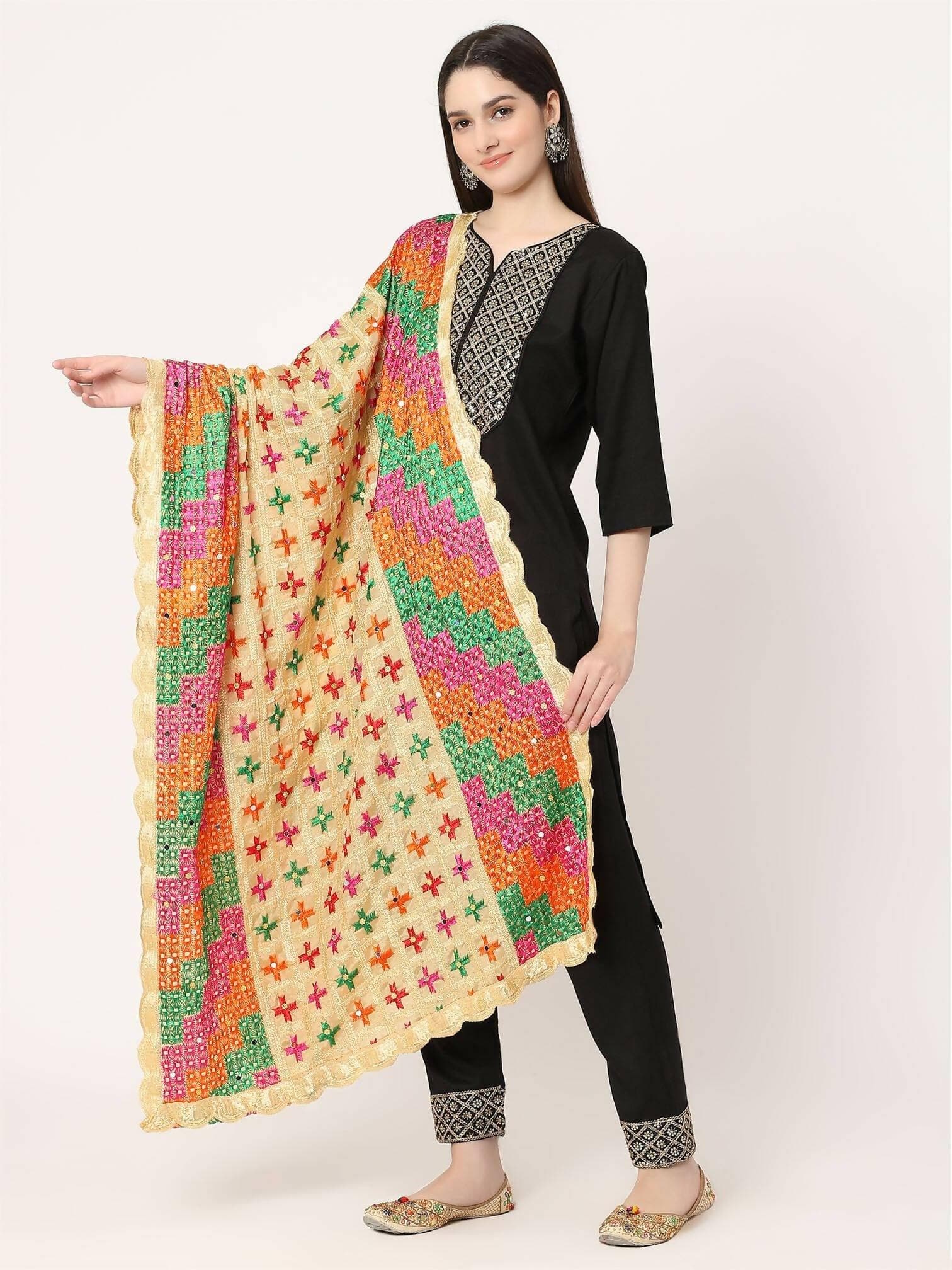 Beige Multicolour Check Design Embroidery Phulkari Dupatta - HalfPe