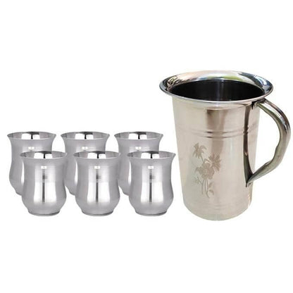 SHINI LIFESTYLE Stainless Steel floral Jug and damru Glass Set (6) - HalfPe