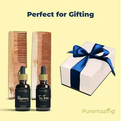 Puremazing Haircare Gift Set | 15 ML Rosemary & Tea - Tree Essential Oil with 2 Wooden Hair Comb | 100% Natural Neem Comb & Essential Oils | Diwali Gifts Combo for Hair Care & Aromatherapy - HalfPe