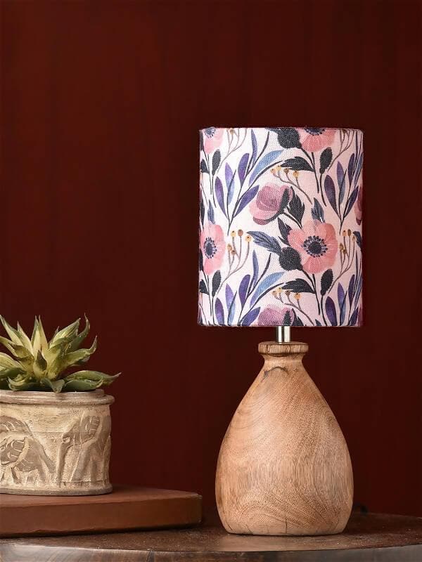 Wooden Dome Table Lamp Pink Floral Shade - HalfPe