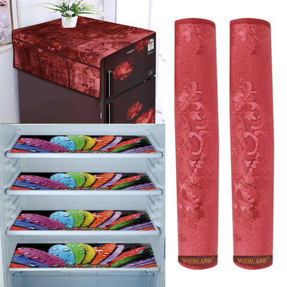 WISHLAND 1 Pc Fridge Cover for Top with 6 Pockets + 2 Handle Cover + 4 Fridge Mats( Fridge Cover Combo Set of 7 Pcs, red colour) - HalfPe