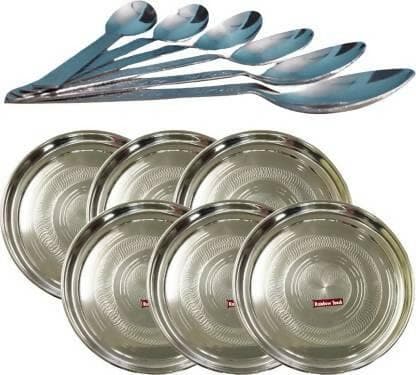 SHINI LIFESTYLE Stainless Steel Dinner Plate With Spoons (Pack of 6) - HalfPe