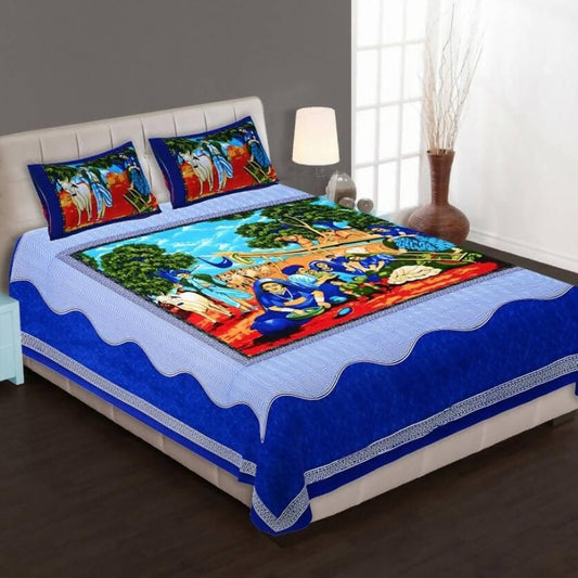 Jaipuri Traditional Design Double Bedsheet with 2 King Size Pillow Covers (Blue) - HalfPe