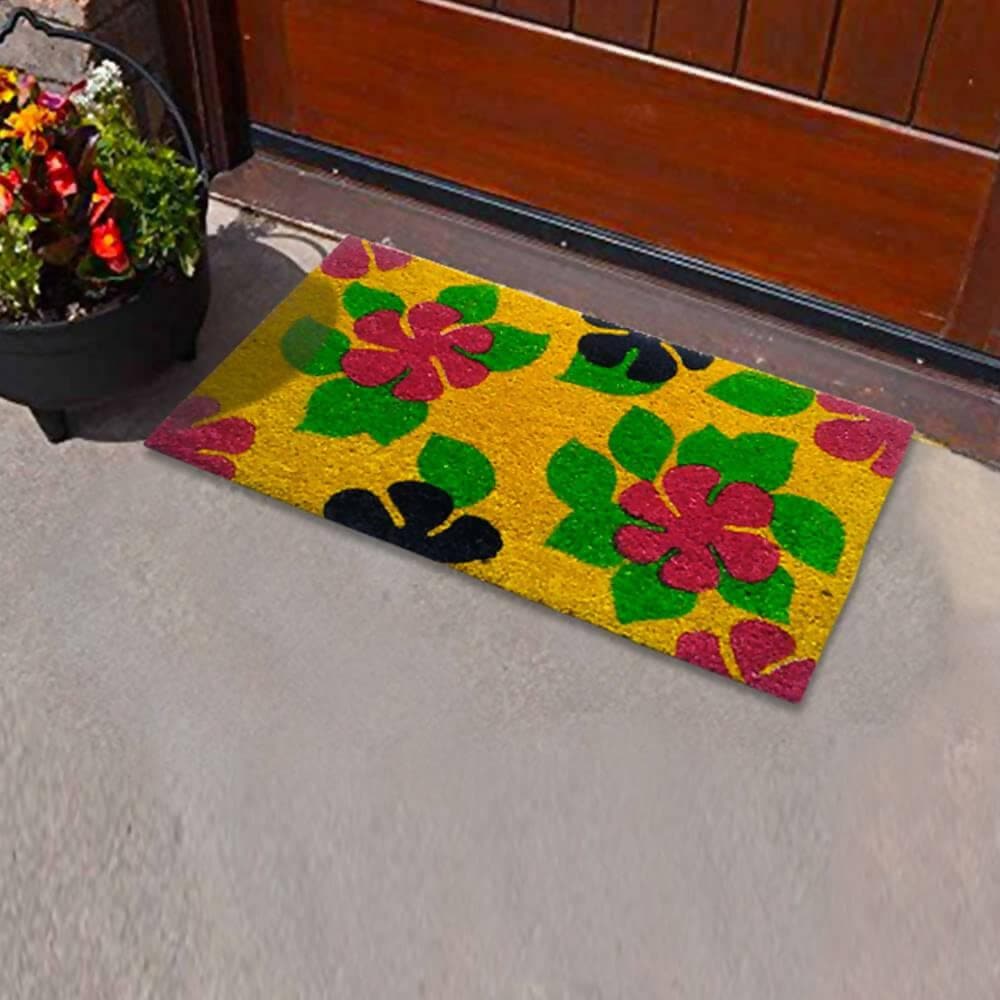 Mats Avenue Valentine Gift Floral Coir Mat with Beautiful Flower and Leaf Printing in Vibrant Yellow Base (45x90 CM and 45 x 75 CM Set of 2) - HalfPe