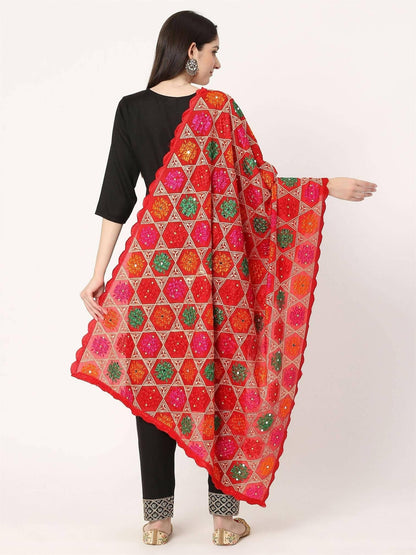 Red Multicolour Phulkari Dupatta With Mirror - HalfPe