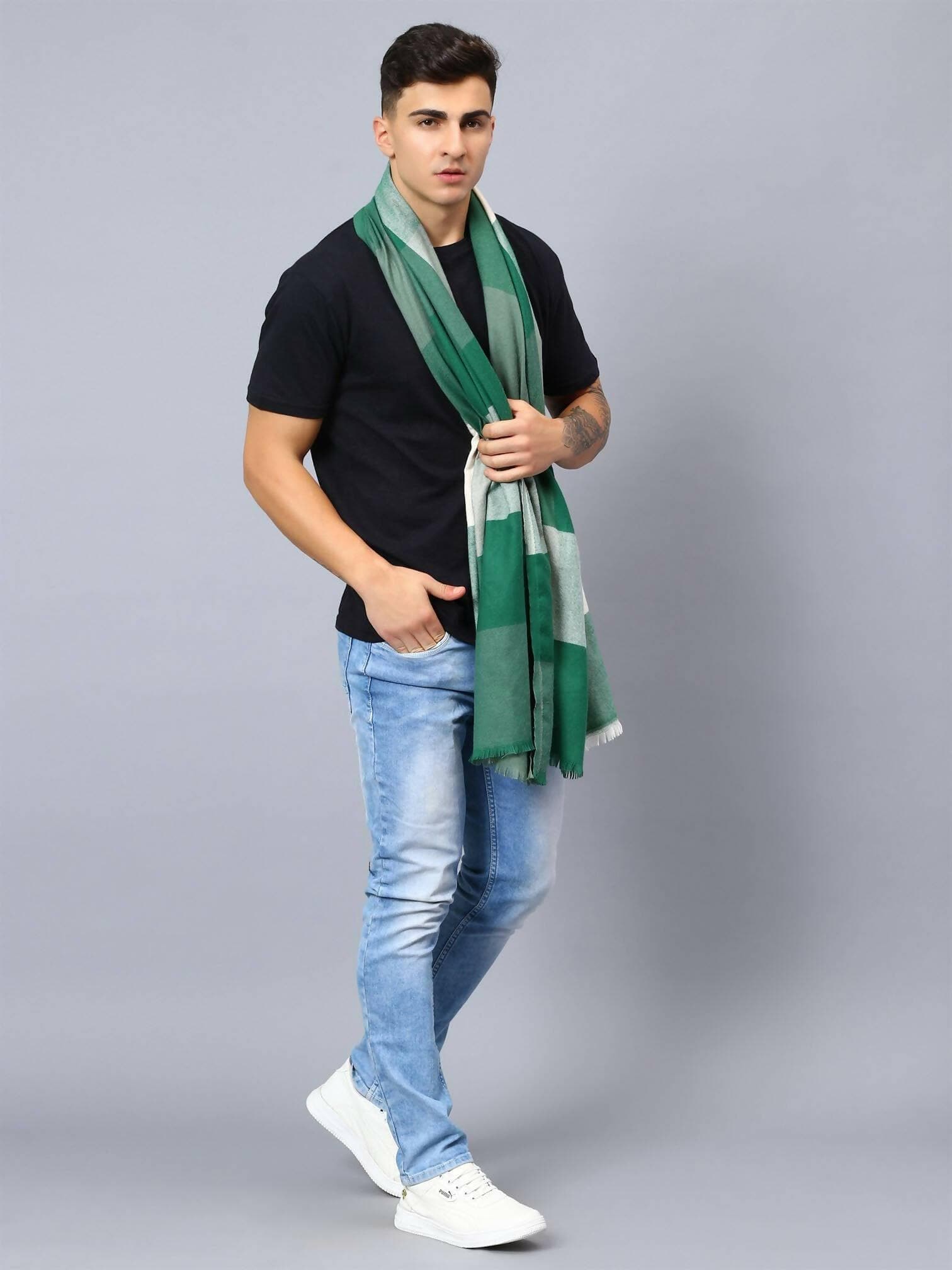 Bottle Green and White Unisex Pashmina Stole - HalfPe