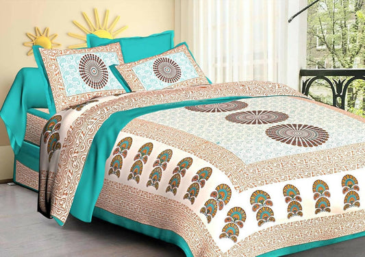 Jaipuri Pure Cotton Sanganeri Printed Jaipuri Bedsheet for Double Bed Queen Size with 2 Pillow Covers - HalfPe