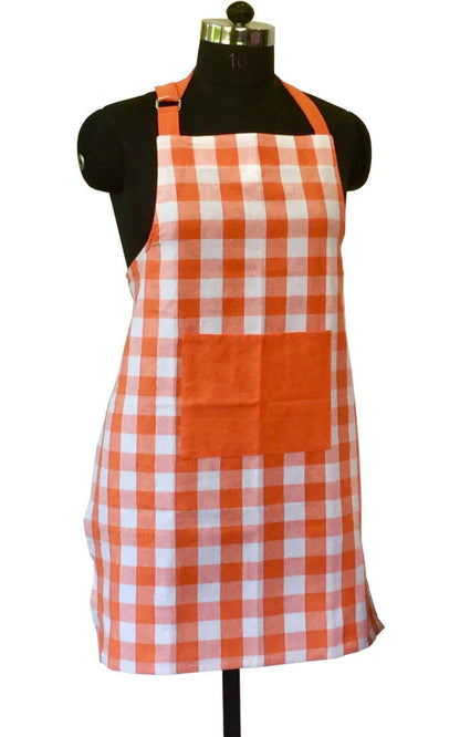 Lushomes Checks Orange Kitchen Cooking Apron Set for Women, apron for kitchen, kitchen apron for women (2 Pc Set, Oven Glove 17 x 32 cm, Apron 60 x 80 cms) - HalfPe