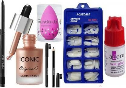 Crynn Rosedale Pro Kajal & Iconic Shine Illuminator Highlighter & Glazed Glam Black Eyebrow Pencil & Beauty Blender Sponge Puff (5 Items in the set) - HalfPe