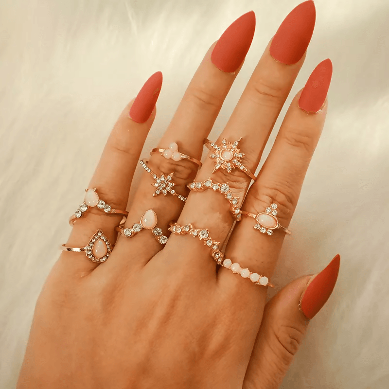 Pinapes Fashion Non Precious Base Metal Boho Midi Finger Ring for Girls – Set of 10 - HalfPe