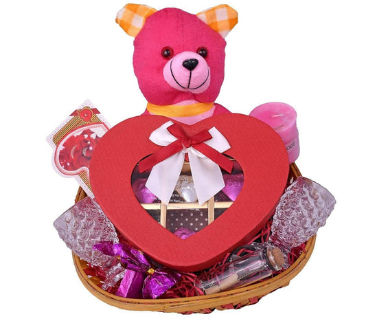 MANTOUSS Valentines Day Love Gift of Chocolate Basket -Decorated Basket+Heart Shaped Chocolate Box+Scented Aromatic Candle+2 Shot Glasses+Cute Teddy Bear+Love Message Bottle - HalfPe