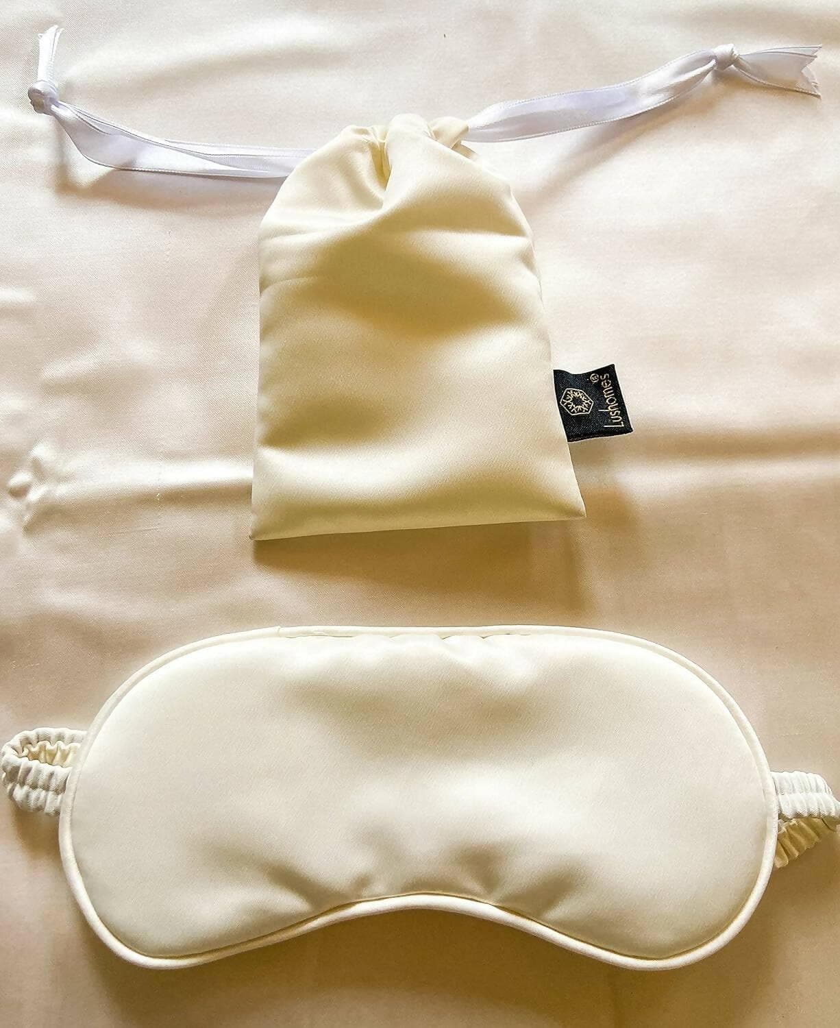 Lushomes Eye Mask for Sleeping, Plain Cream Satin Mulburry Silk Eyemask with piping & fabric covered elastic with Pouch - HalfPe