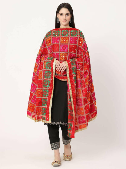 Red Multicolour Embroidery Phulkari Dupatta with Mirror Work - HalfPe