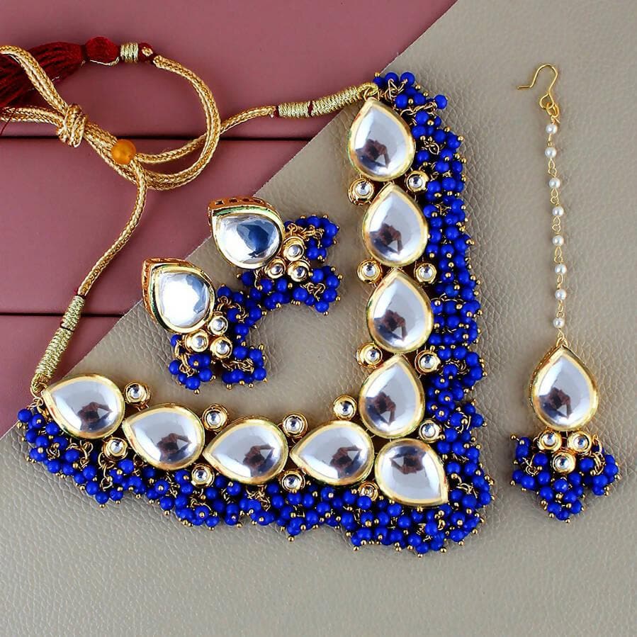 LUCKY JEWELLERY Back Meenakari 18k Gold Plated Blue Color Tika Earring Combo Uncut Big Faux Kundan Choker Necklace set - HalfPe