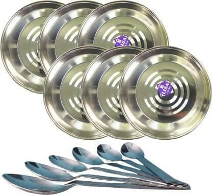 SHINI LIFESTYLE Laser Design Halwa Plate Dessert Plate 6pc with spoon set Dinner Plate (Pack of 12) - HalfPe