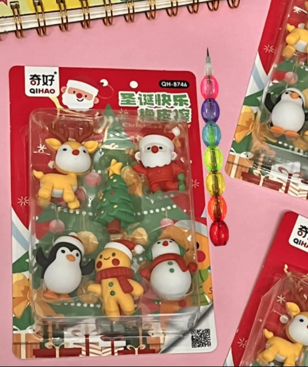 Le Delite Santa Claus Christmas Tree Reindeer Snowman Xmas Theme Combo of 6 Erasers & 1 Rainbow Pencil - HalfPe