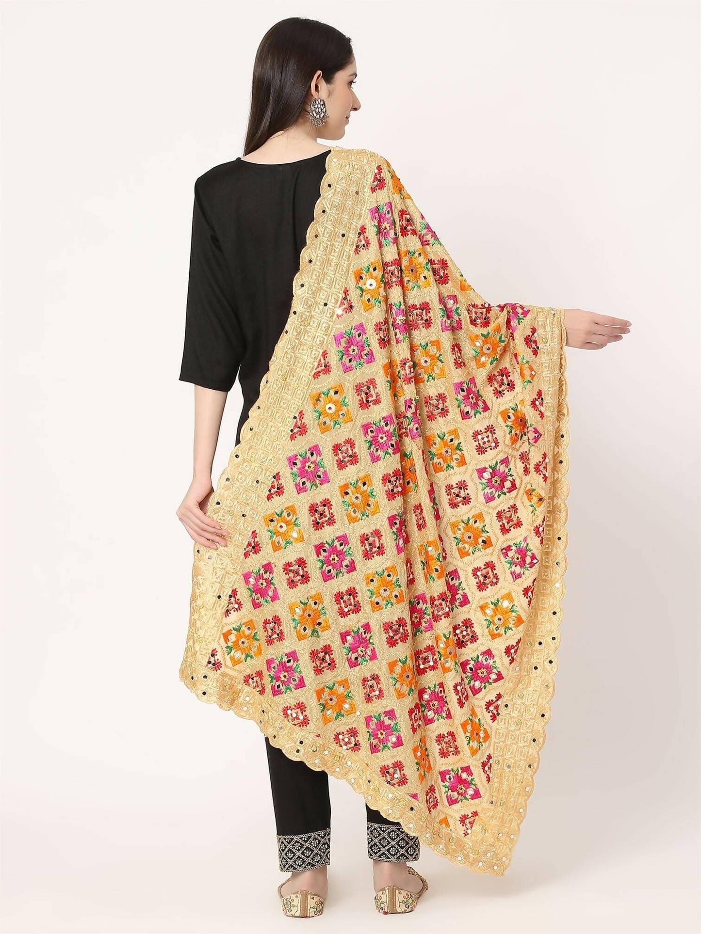 Beige Multicolour Embroidery Phulkari Dupatta with Beads - HalfPe