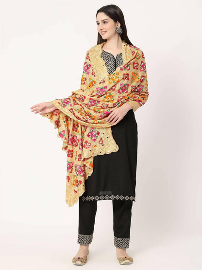 Beige Multicolour Embroidery Phulkari Dupatta with Beads - HalfPe