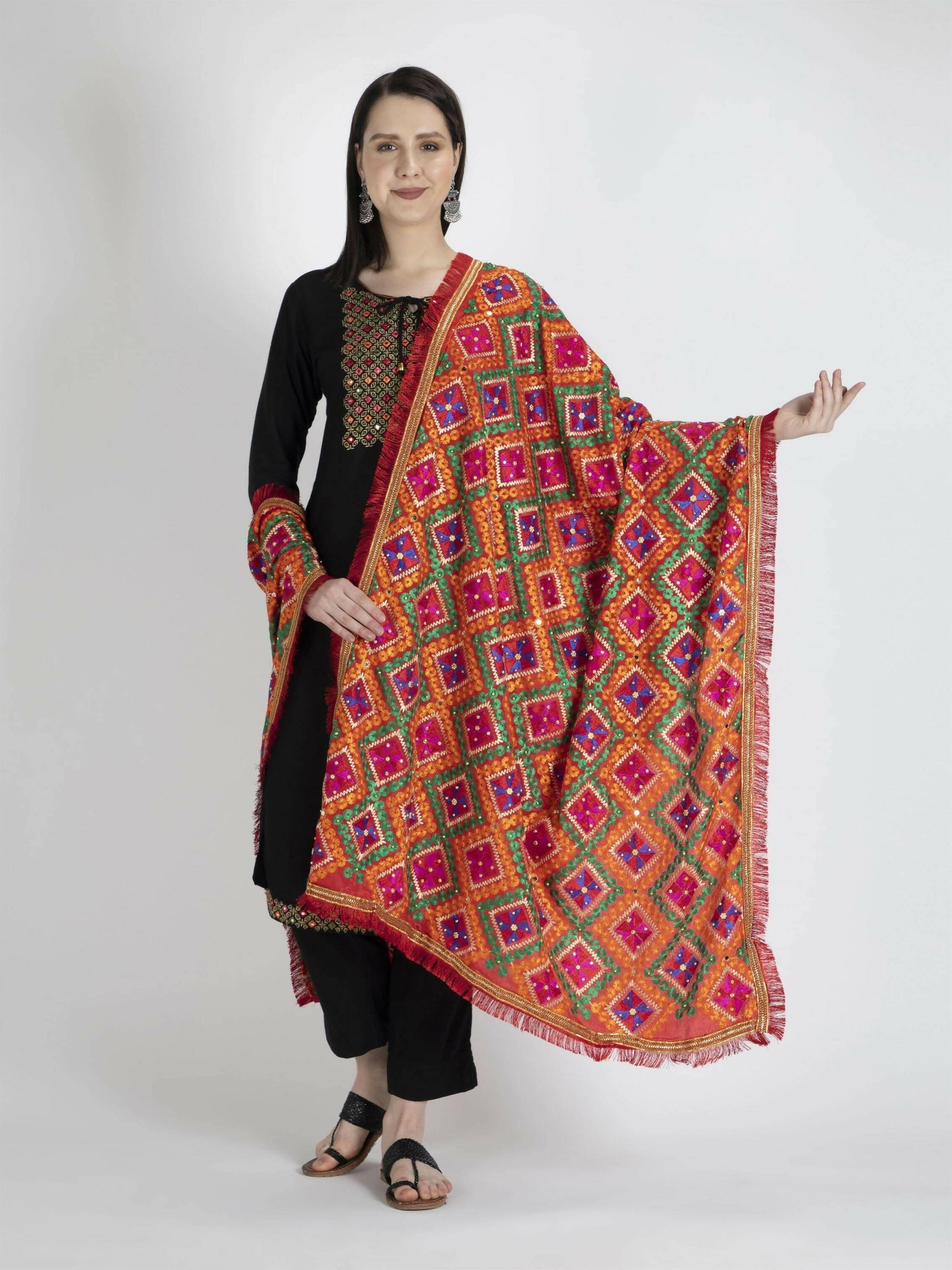 Phulkari Dupatta with Mirror Work (multi-color) - HalfPe