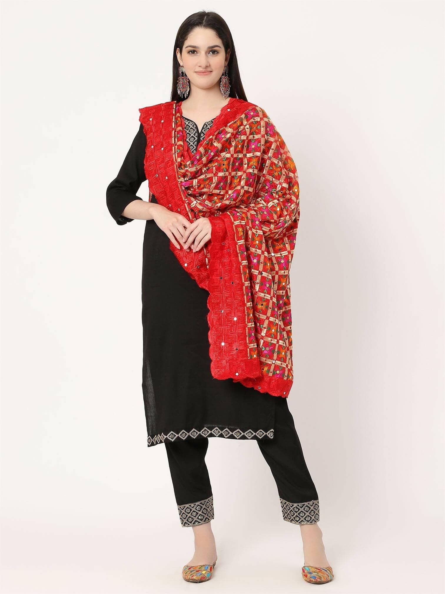 Red Multicolour Chiffon Phulkari Embroidery Dupatta - HalfPe