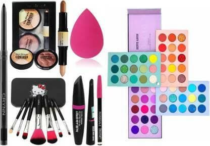 Crynn Blender Puff & 3in1 Eyeliner Mascara Eyebrow Pencil & Kitty Set of 7 Makeup Brush & Kiss Beauty Highlighter Contour Kit (8 Items in the set) - HalfPe