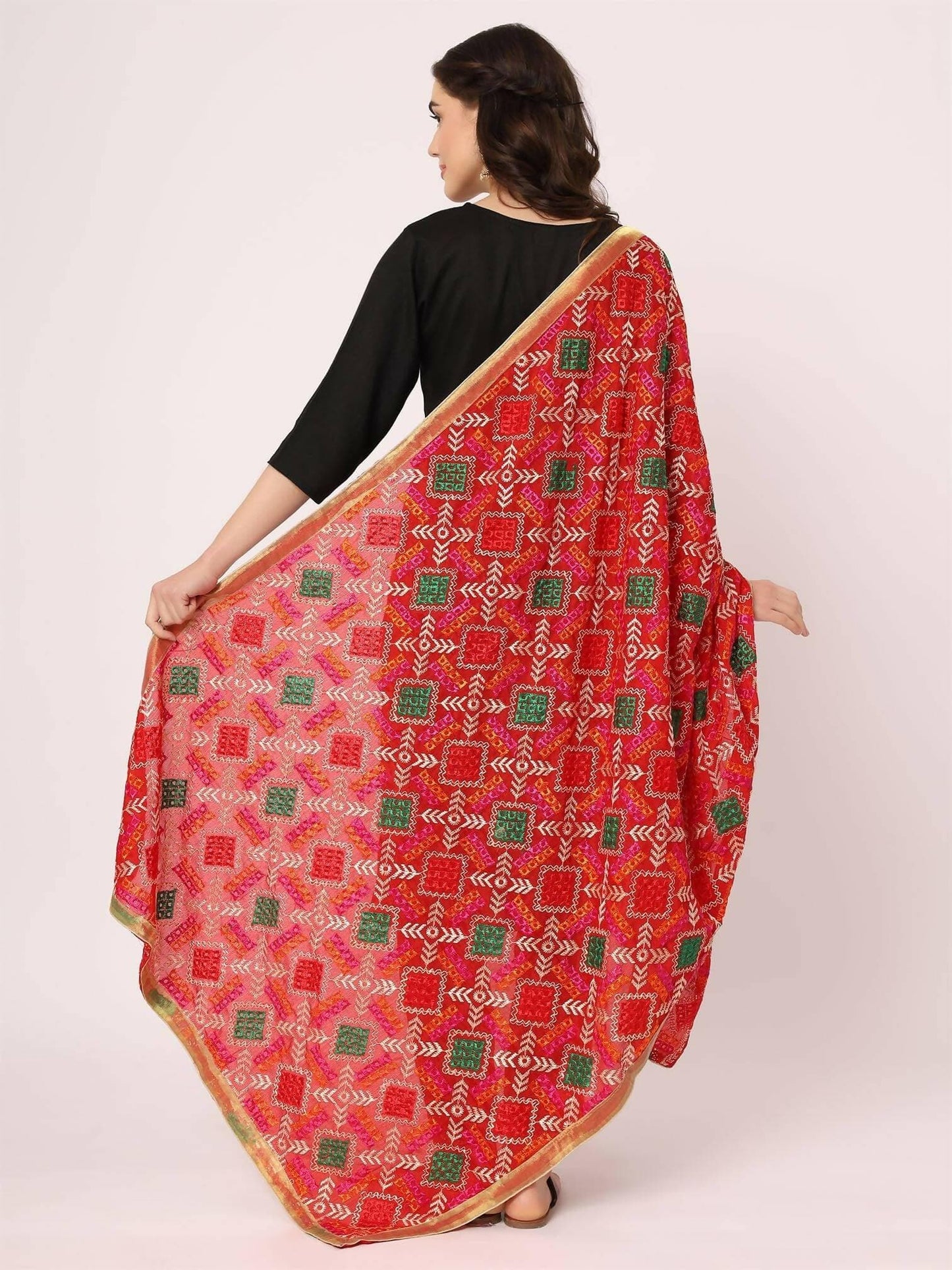 Red Multicolour Embroidery Phulkari Dupatta - HalfPe