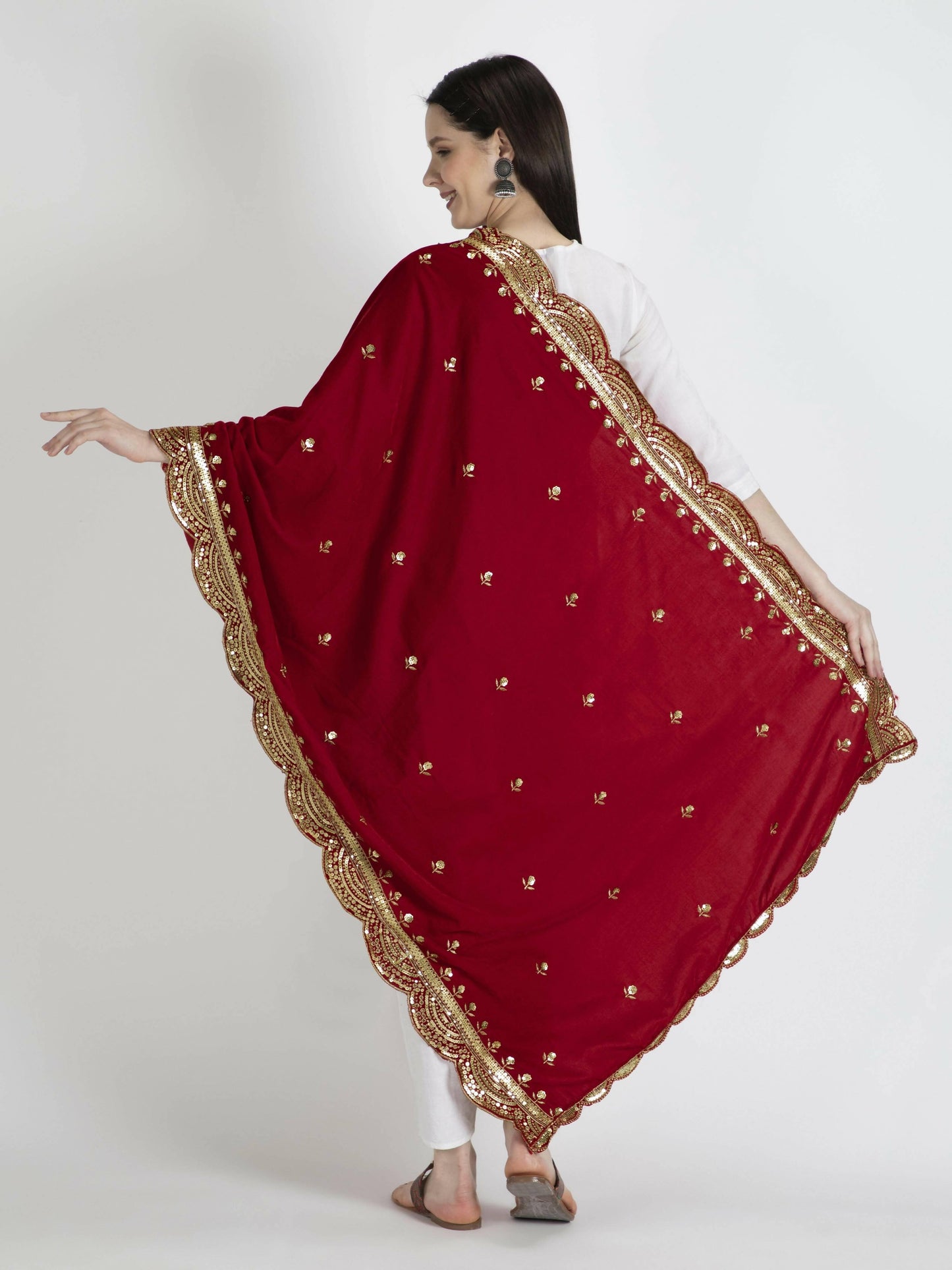 Red Embroidered Velvet Shawl Dupatta for women - HalfPe