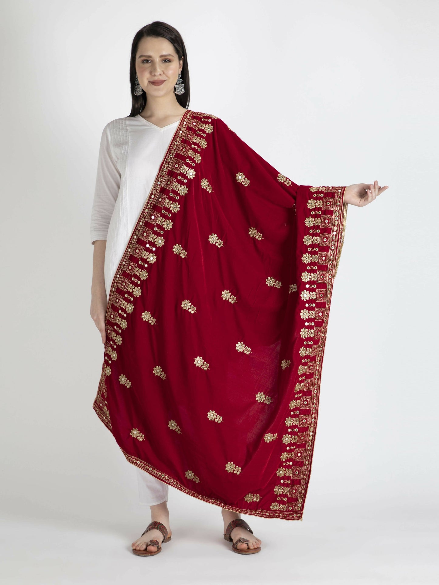 Embroidered Velvet Shawl Dupatta (dark red) - HalfPe