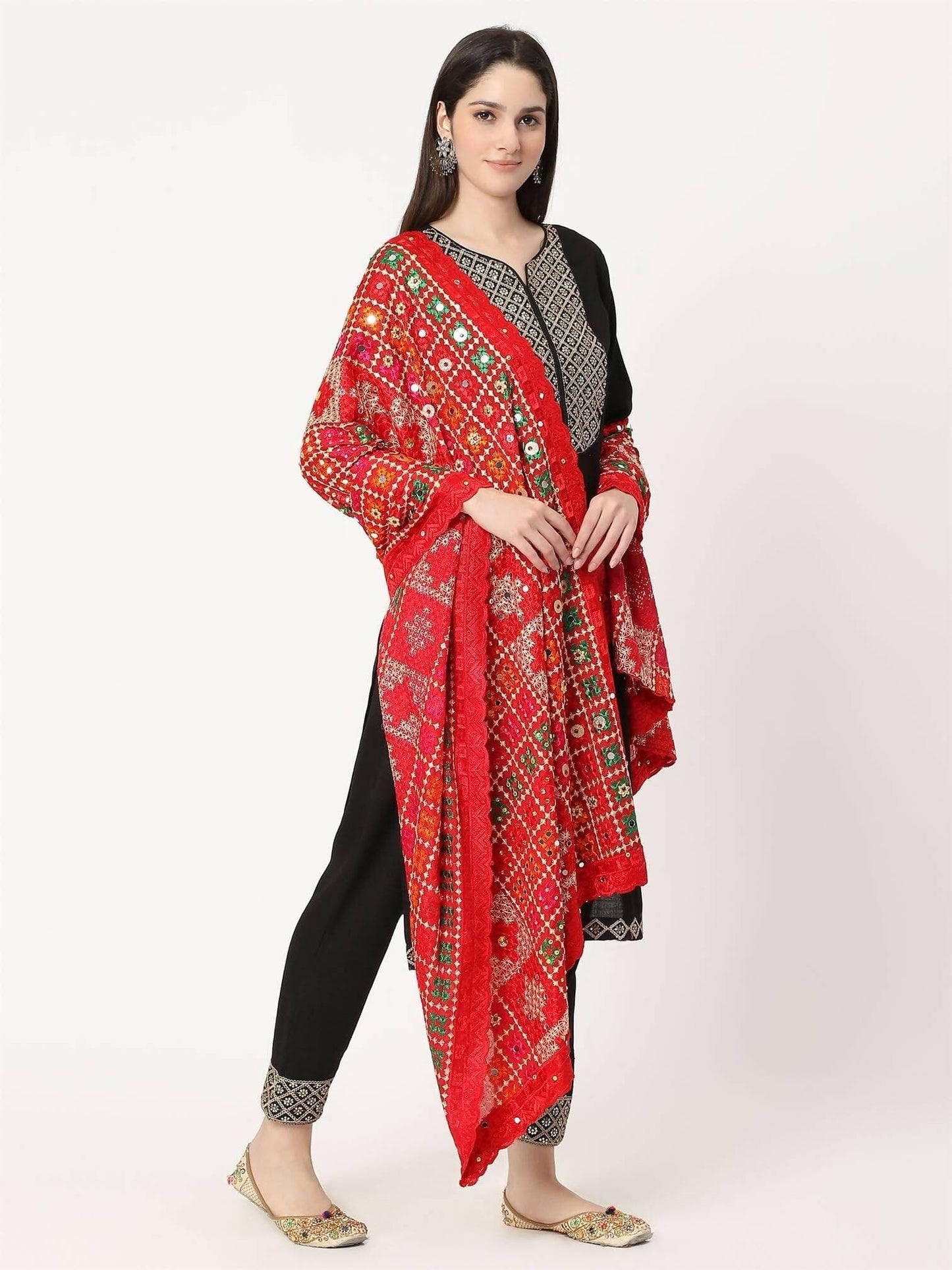 Multicolour Embroidery Phulkari Dupatta With Pearls (red) - HalfPe