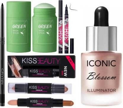 Crynn Rosedale Kajal & Green Stick Cleansing Face Glam Stick & Yanqina 36H Deep Black Eyeliner & Kiss Beauty Contour HIghlighter Stick (1 Items in the set) - HalfPe