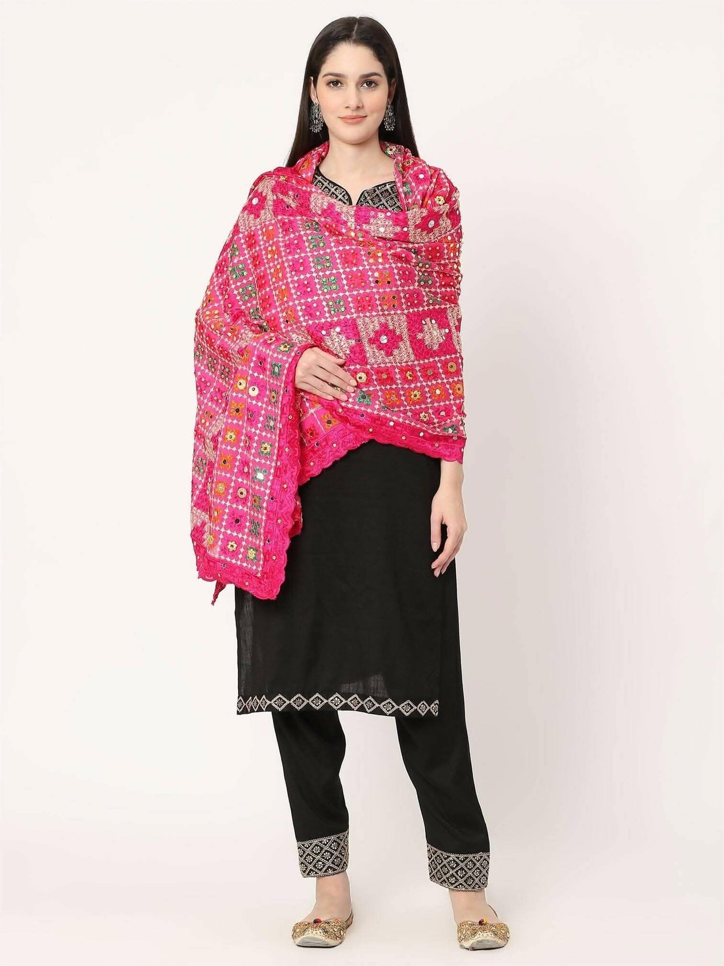 Magenta Mullticolour Check Design Embroidery Phulkari Dupatta with Mirror - HalfPe