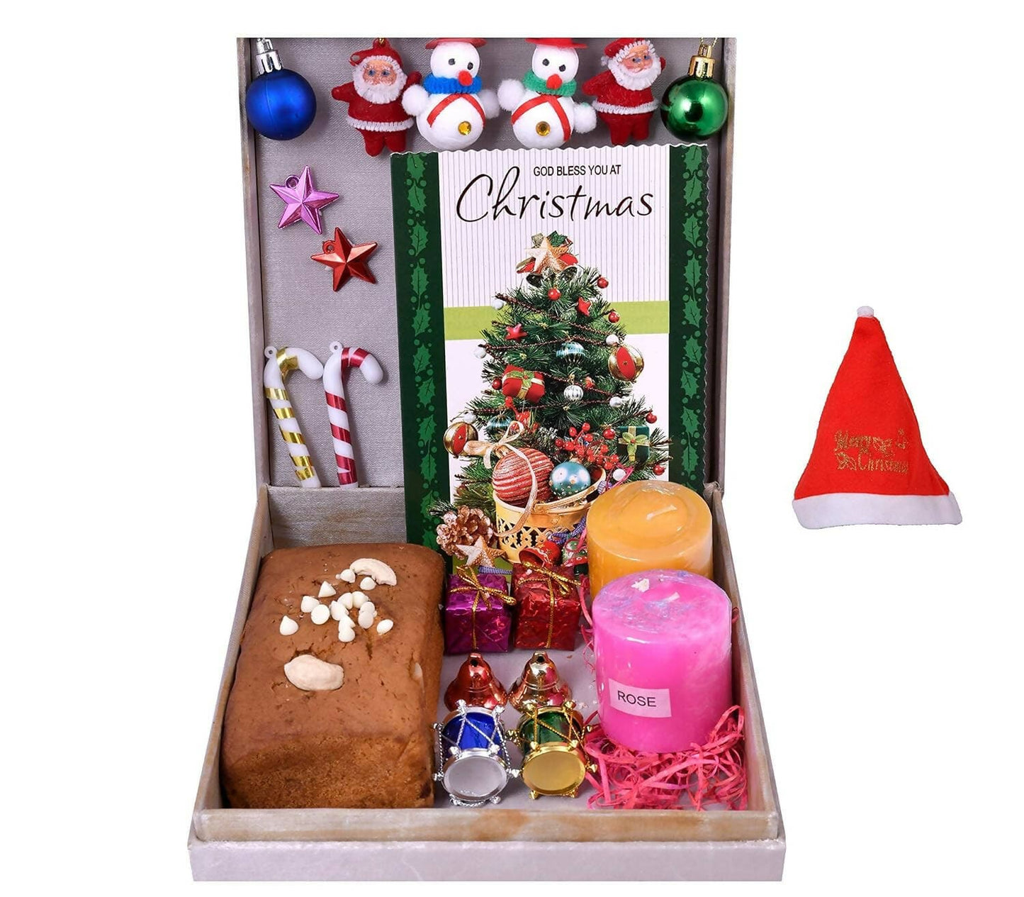 MANTOUSS Christmas Cake Gift(200gms) +2 Scented Candles+Christmas Card+Christmas Tree Decoration Set+ Santa Cap - HalfPe