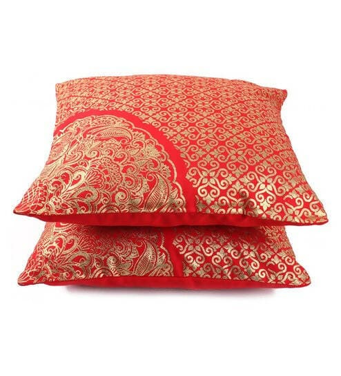 Lushomes Cushion covers 16 inch x 16 inch, Sofa Cushion Cover, Foil Printed Sofa Pillow Cover, festive cushion covers (Size 16 x 16 Inch, Set of 2, Red) - HalfPe