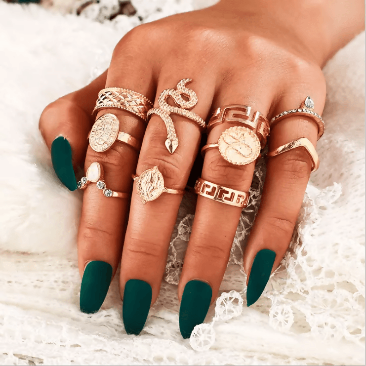 Pinapes Fashion Non Precious Base Metal Boho Midi Finger Ring for Girls – Set of 10 - HalfPe