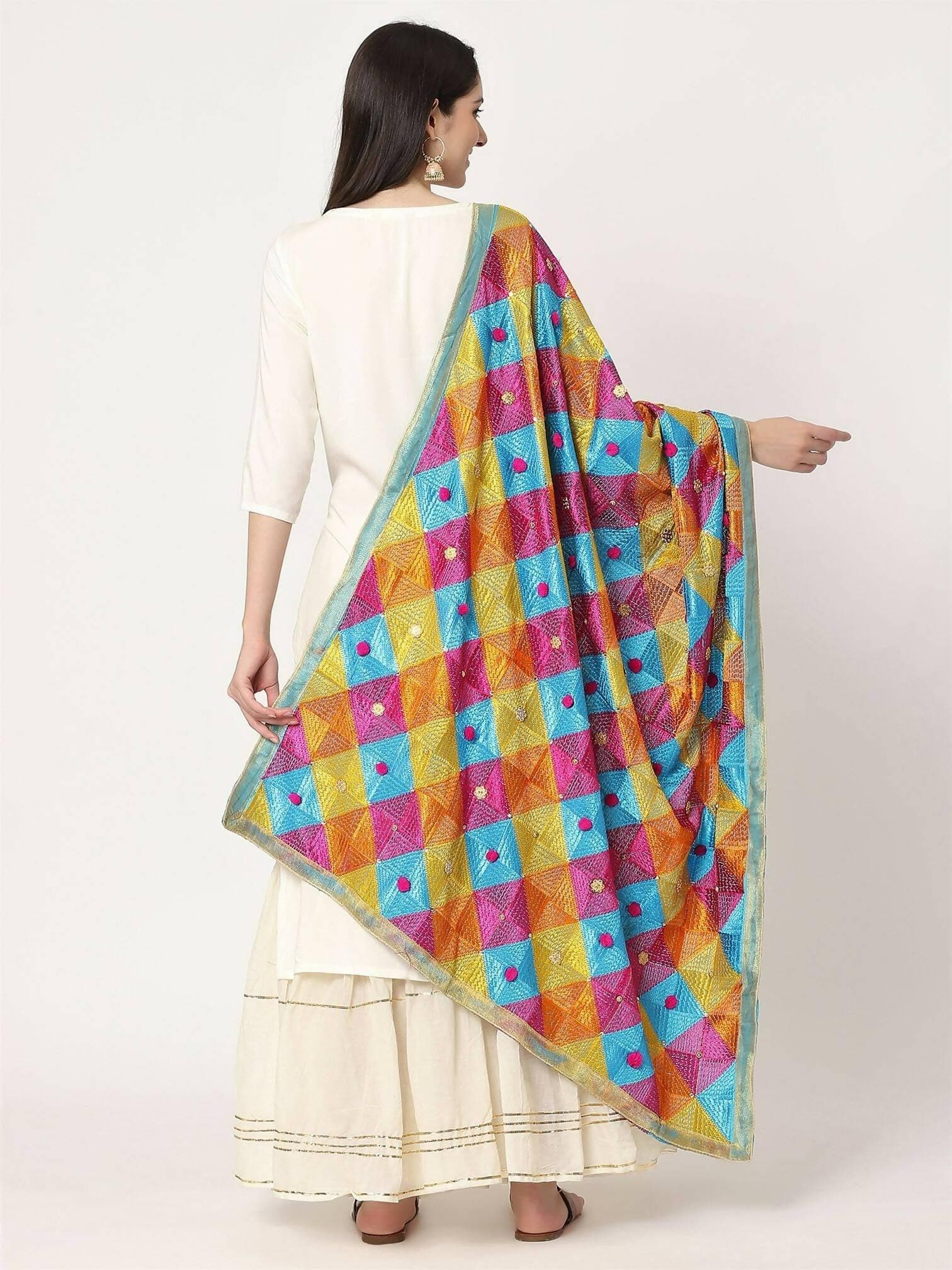 Multicolour Embroidery Phulkari Dupatta with Golden Beads - HalfPe