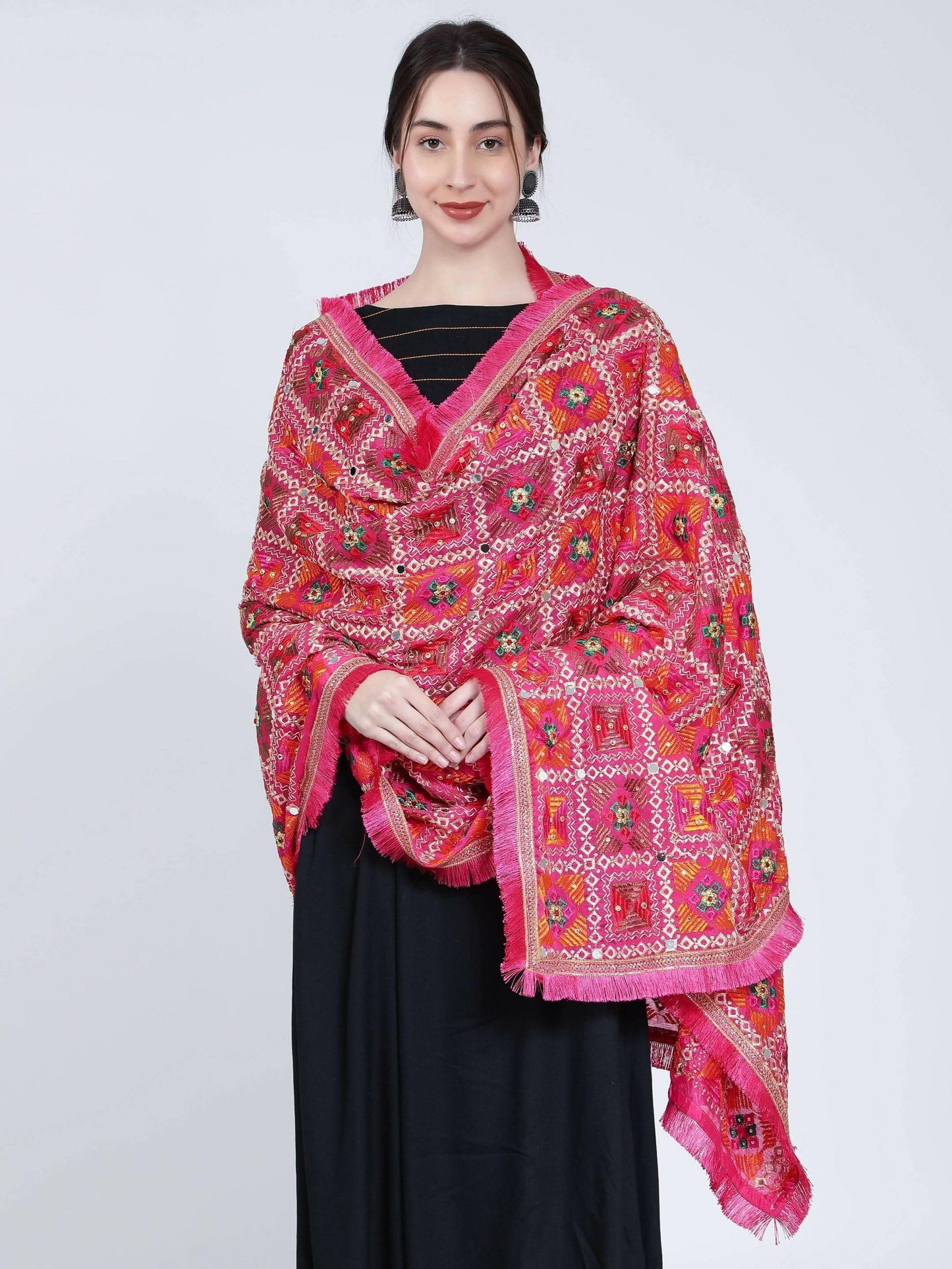 Phulkari Dupatta - Magenta Green Orange with mirror work (multi-color design) - HalfPe